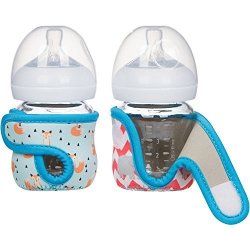 OZ 4 Miracle Bean Neoprene Baby Bottle Sleeves Set Of 2 Adjustable Sleeves. Glass Bottles Improved Heat cold Retention Moisture Wicking Non-slip Grip Fox And Elephant Designs
