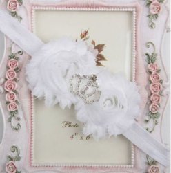 Fit For A Pretty Princess ... Baby Headband - Two Ruffle Flowers With Rhinestone Crown - Pure White