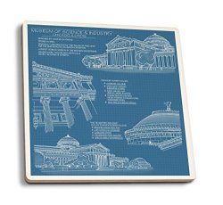 Lantern Press Chicago Llinios - Museum Of Science And Industry Blueprint Set Of 4 Ceramic Coasters - Cork-backed Absorbent