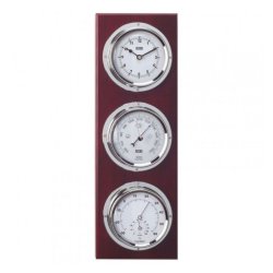 Barometer Thermometer Hygrometer Clock - Chrome Dark Wood Rectangular