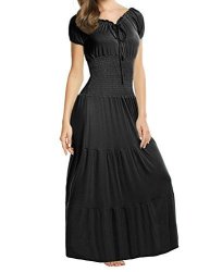 Hufcor Women Boho Smocked Waist Cap Sleeve Tiered Renaissance Party Maxi Dress Black XL