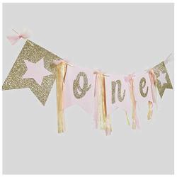 Pink & Gold First Birthday High Chair Banner Handmade 1ST Birthday Party Decorations High Chair Banner Baby Girl Photo Booth Props
