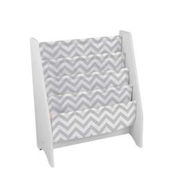 Kidkraft Wooden Sling Shelf Bookcase - White And Gray Chevron Pattern - Canvas Fabric Kids Bookshelf Young Reader Support Gift For Ages 3+