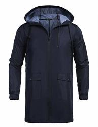 Coofandy Men's Waterproof Hooded Rain Jacket Lightweight Windproof Active Outdoor Long Raincoat Navy Blue