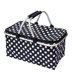 Foldable Poppy Black White Polka Dots Insulated Picnic Basket - Black