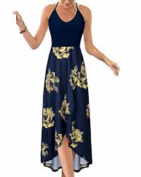 Kilig Womens V Neck Sleeveless Asymmetrical Patchwork Floral Maxi Dresses Floral-j S