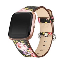 Bayite Leather Bands Compatible Fitbit Versa Slim Wristband Replacement Accessories Fitness Classic Straps Women Black pink Flower
