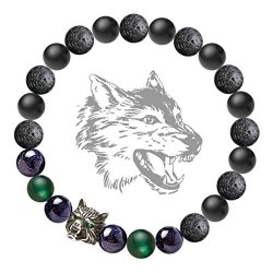 Karseer Wolf Head Charm Energy Stone Stretch Bracelet With Black Natural Onyx Lava Blue Sandstone And Green Agate Beaded Antique Silver Wild Animal Friendship