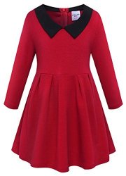 KIDS Girls Turn-down Collar Long Sleeve Cotton Princess Pleated Red Dresses 5T