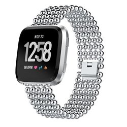 Mchoice Five Beads Round Beads Alloy Watch Band Wrist Strap For Fitbit Versa Silver