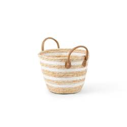 White Stripe Natural Woven Basket With Leather Handle - 26CM L