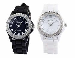 White Black 2 Pack Quartz Classic Crystal Rhinestone Large Face Watch With Silicone Jelly Link Band