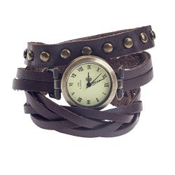 High Quality Vintage Style Ladies Quartz Wrist Watch With Long Brown Wrap Around Leather Bracelet Braided Band And Round Bronze Studs By Vaga