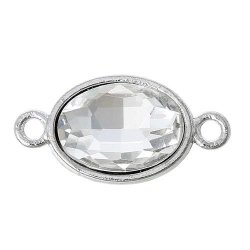 Connectors - Oval - Silver Tone - Faceted - Clear Rhinestone - 24.0mm X 13.0mm