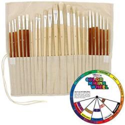 Oil 24PC & Acrylic Paint Long Handle Artist Paint Brush Set With Free Canvas Roll-up & Color Mixing Wheel