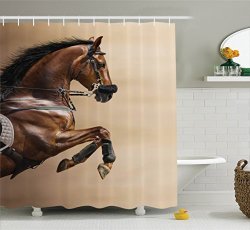 Ambesonne Animal Decor Collection Chestnut Color Horse Jumping In A Hackamore Life Force Power And Honor Love Sign Print Polyester Fabric Bathroom Shower Curtain