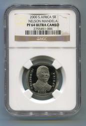 Pf64 Nelson Mandela Ngc Proof Pf 64 Ultra Cameo Year 2000 R5 Coin -free Worldwide Courier Shipping