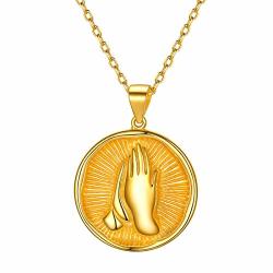 U7 Antique Gold Tone Sterling Silver Praying Hands Coin Medal Necklace Pendant Chain 20 Inch