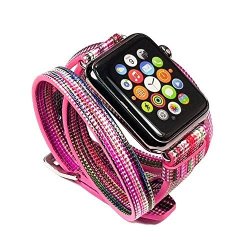 Tuff-luv Genuine Leather Double Loop Wrist Watch Strap Band For Apple Watch Series 1 2 3 Strap - 42MM - Navajo Pink Rainbow