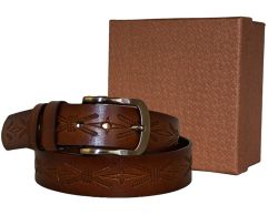 Fino 51844 Genuine Leather Mens Embossed Design Pin Buckle Belt