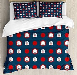 King Size Anchor 3 Pcs Duvet Cover Set Nautical Pattern With Steering Wheels Big Red Polka Dots Hearts Sea Love Bedding Set Bedspread For