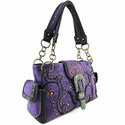 Justin West Patina Girl Western Bronze Floral Buckle Handbag Purse Tote And Strap Wallet Purple Handbag Only