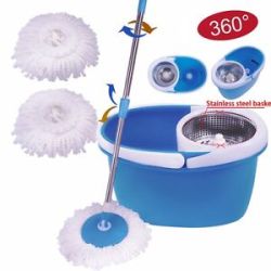 360 Rotating Magic Spin Mop Stainless Steel Dehydrate Basket W bucket 2 Heads