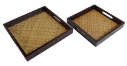 Square Handcrafted Serving Hand Woven Decorative Wooden Wicker Trays Set Of 2 PWN-CB31A