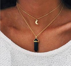 Kercisbeauty Black Crystal Necklace Gold Choker With Moon Pendant Double Layer Necklace For Women And Girls Boho Jewelry For Party Purple