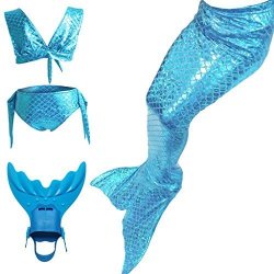 Little Girls Mermaid Tail Monofin Swimmable Swimwear 4 Pcs Set 110 Blue
