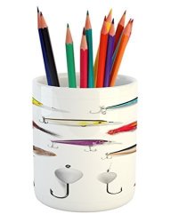 Lunarable Fishing Pencil Pen Holder By Netting Materials With Swivel Sinkers Fly Rods Floats Gaffs Recreational Pastime Printed Ceramic Pencil Pen Holder For Desk
