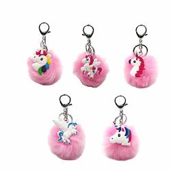Unicorn Keychain Cute Pompom Ball Key Chain With Fluffy Plush Aux Fur Pvc Decor & Metal Key Ring 5 Pink Keyring For Kids Girls