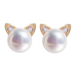 Meow Star Cat Earrings Freshwater Pearl Studs 18K Gold Plated Sterling Silver Cat Stud Earrings