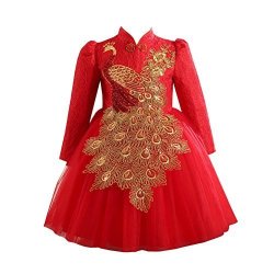 Soly Tech Kids Girls Chinese Qipao Sequin Long Sleeve Peacock Embroidery Cheongsam Dresses
