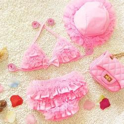 Baby Girl Bikini Lace 3 Pieces Bikini Set Cute Swimsuit With Hat Size: S Pink