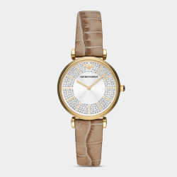 Emporio Armani Women&apos S Gold Plated Stainless Steel Silver Dial & Taupe Leather Watch