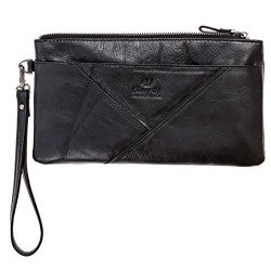 Divvy Up Womens Genuine Leather Clutch For Budget Envelopes Cell Phone Carry All Zipper Wristlet Purse For Women Black Leather