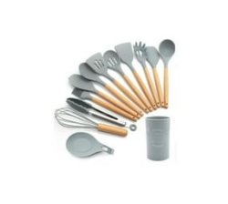 Wooden Handle Silicone Kitchen Utensil Tools 12 Set Grey