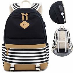 Canvas Travel Laptop Backpacks Womens College Backpack School Bag 15 Inch USB Daypack Outdoor With Trolley Case Slot Black-a