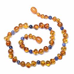 Baltic Amber Teething Necklace For Baby With Sodalite - 100% Certified Amber Polished Beads - Natural Analgesic - Pain Relief - Safety Knotted