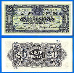 Mozambique 20 Centavos 1933 Unc Cancelled By Perforatrion Mocambique Africa Banknote