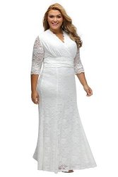 Xakalaka Women's V-neck 3 4 Sleeve Plus Size Lace Wedding Cocktail Dress Size 2X White