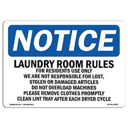 Osha Notice Sign - Laundry Room Rules For Residents Use Only Aluminum Sign Protect Your Business Work Site Warehouse & Shop Area