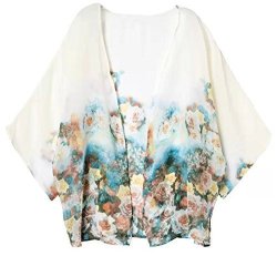Escalier Women's Chiffon Floral Print Open Front Kimono Cardigan Blouses