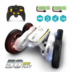 Deerc Rc Cars Remote Control Stunt Car Toys For Kids Demo Mode Music & LED Lights Control 4WD Double Sided Fancy Rotating 360 Flips