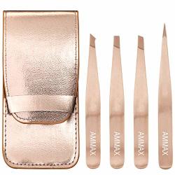 Tweezers Set 4 Piece Ammax Stainless Steel Slant Tip And Pointed Eyebrow Tweezer Set With Pu Leather Pouch Great Precision For Facial Hair Ingrown