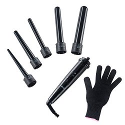 Xfx 5 In 1 Curling Iron Wand Set With 5 Interchangeable Hair Curler Ceramic Barrels And A Heat Resistant Glove - Black
