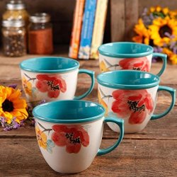 Set Of 4 Microwave Safe 16 Oz Floral Decorated Coffee Cups Multicolor