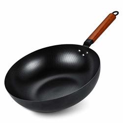 Wok Pan 12.5 Inch Pre-seasoned Carbon Steel Stir Fry Pan With Detachable Wood Handle Scratch Resistant Flat Bottom Chinese Iron Pot For Electric Induction