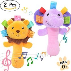 Merveilleux Cartoon Stuffed Animal Baby Soft Plush Hand Rattle Squeaker Sticks For Toddlers - Elephant And Lion